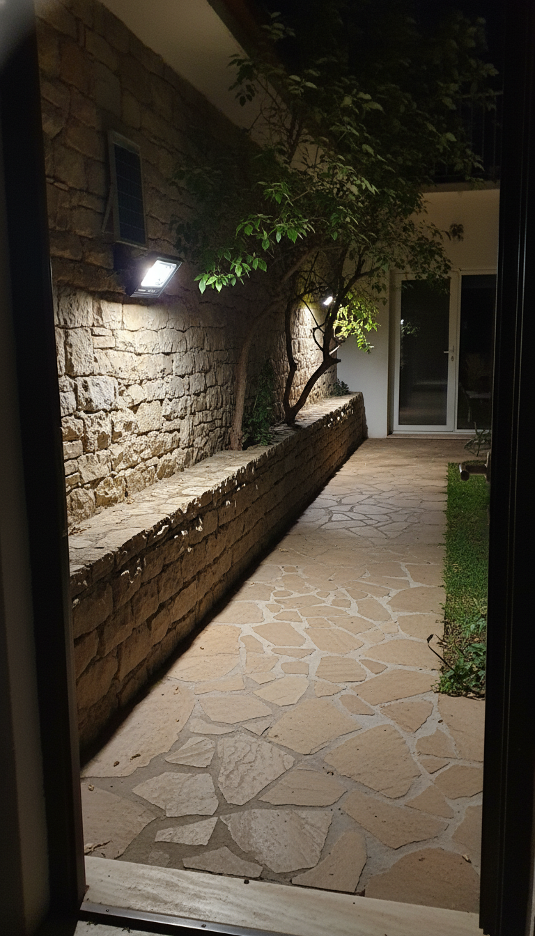 Φωτιστικό αναμμένο σε αυλή σπιτιού